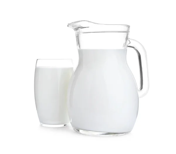 Kan Glas Met Verse Melk Witte Achtergrond — Stockfoto