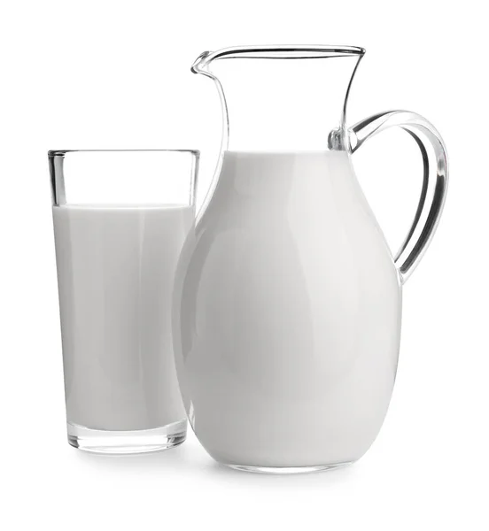 Kande Glas Med Frisk Mælk Hvid Baggrund - Stock-foto