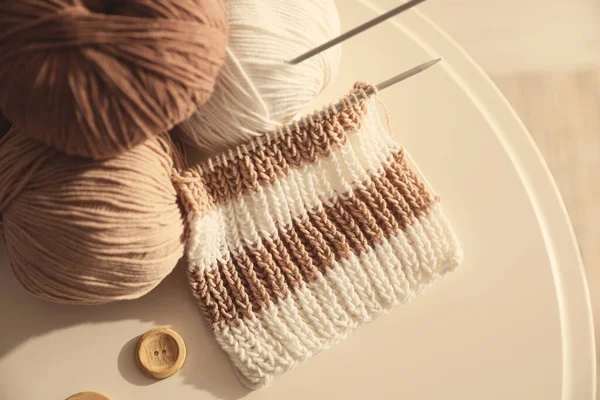 Yarn Balls Knitting Needles White Table Top View Creative Hobby — Stock Photo, Image