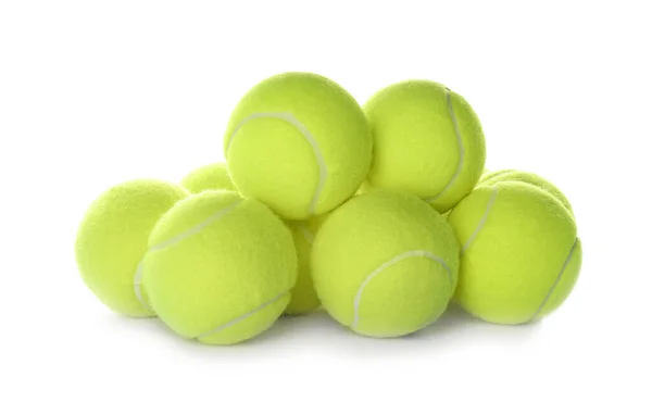 Heap Van Tennisballen Witte Achtergrond Sportuitrusting — Stockfoto