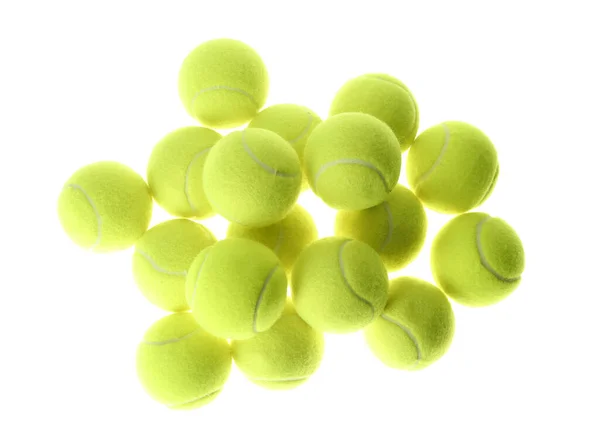 Egy Halom Teniszlabda Fehér Háttérrel Felülnézetből Sportfelszerelés — Stock Fotó