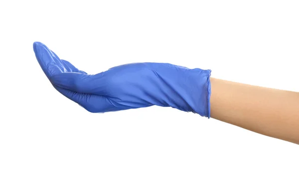 Kobieta Niebieskich Rękawiczkach Lateksowych Trzyma Coś Białym Tle Zbliżenie Dłoni — Zdjęcie stockowe