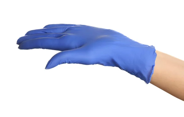 Woman Blue Latex Gloves Holding Something White Background Closeup Hand — Stock Photo, Image