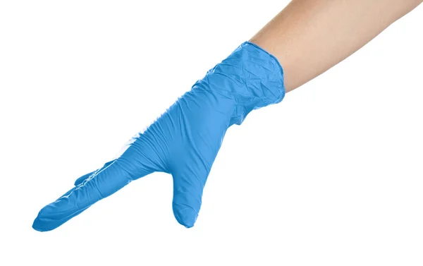 Mujer Guantes Látex Azul Sobre Fondo Blanco Primer Plano Mano —  Fotos de Stock