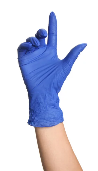 Frau Blauen Latex Handschuhen Hält Etwas Auf Weißem Hintergrund Nahaufnahme — Stockfoto