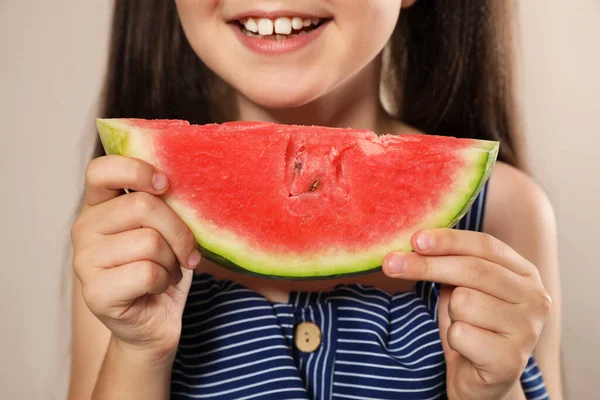 Cute Little Girl Watermelon Beige Background Closeup — Stock Photo, Image