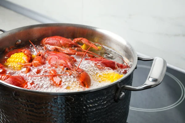 Свежие Вкусные Раки Кипящей Воде Плите — стоковое фото