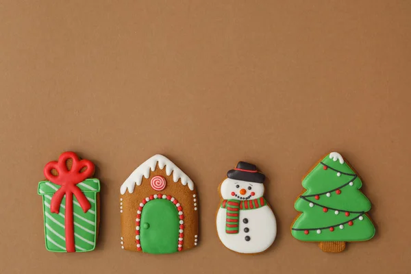 Different Christmas Gingerbread Cookies Brown Background Flat Lay Space Text — Stock Photo, Image