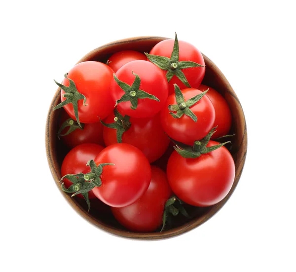 Tomates Cereja Maduros Frescos Tigela Madeira Isolada Branco Vista Superior — Fotografia de Stock