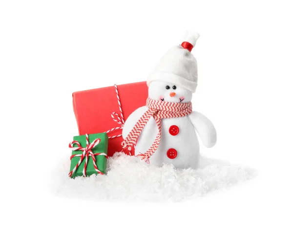 Netter Schneemann Und Weihnachtsdekoration Auf Weißem Hintergrund — Stockfoto