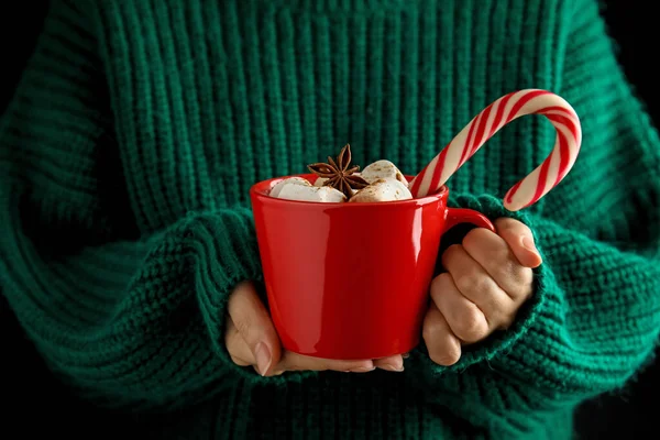 Woman Holding Cup Tasty Cocoa Marshmallows Christmas Candy Cane Closeup — Stock Photo, Image