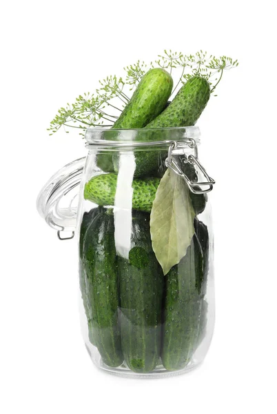 Pickling jar with fresh cucumbers isolated on white — Stock Image Pickling Jar Fresh Cucumbers Isolated White Royalty Free Stock Images