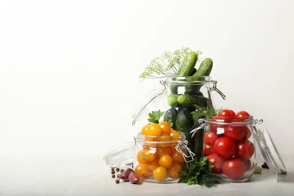 Pickling jars with fresh vegetables on light table. Space for text — Stock Image Pickling Jars Fresh Vegetables Light Table Space Text Stock Image