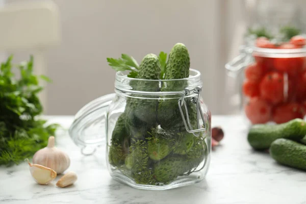 Pickling jar with fresh cucumbers on white marble table — Stock Image Pickling Jar Fresh Cucumbers White Marble Table Stock Photo