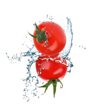 Taze domatesler beyaz arkaplanda süzülürken