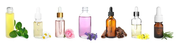 Set Verschiedener Ätherischer Öle Zur Aromatherapie Auf Weißem Hintergrund Bannerdesign — Stockfoto