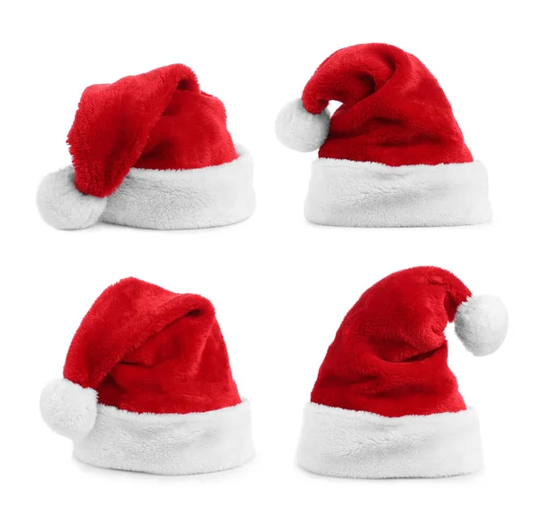 Conjunto Chapéus Papai Noel Vermelho Fundo Branco — Fotografia de Stock