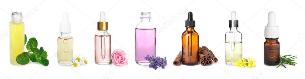Set of different essential oils for aromatherapy on white background, banner design