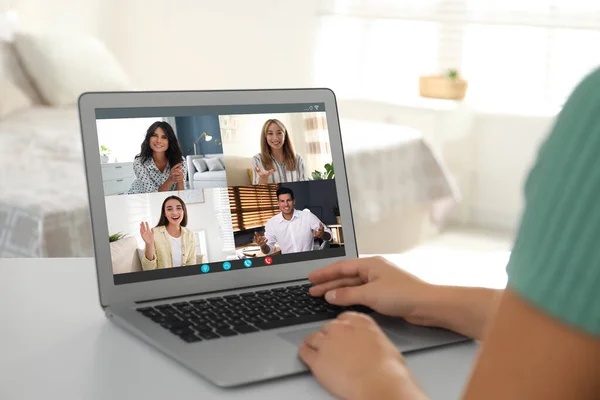 Coworker Arbeiten Online Zusammen Frau Nutzt Video Chat Auf Laptop — Stockfoto