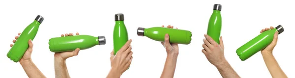 Gente Sosteniendo Botellas Termo Verde Collage Fotos Sobre Fondo Blanco —  Fotos de Stock