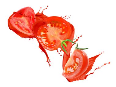 Taze domatesler, beyaz arka planda meyve suyu sıçrıyor.