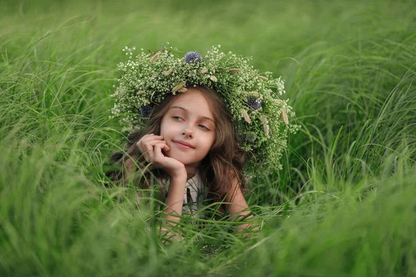 Nettes Kleines Mädchen Mit Kranz Aus Schönen Blumen Auf Dem — Stockfoto