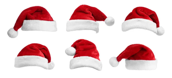 Set Roter Weihnachtsmützen Auf Weißem Hintergrund Banner Deisgn — Stockfoto