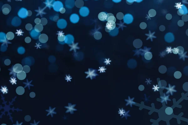 Fiocchi Neve Luci Sfocate Sfondo Blu Scuro — Foto Stock