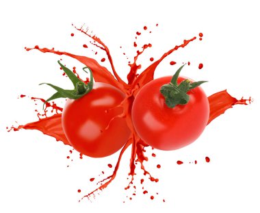 Taze domatesler, beyaz arka planda meyve suyu sıçrıyor.