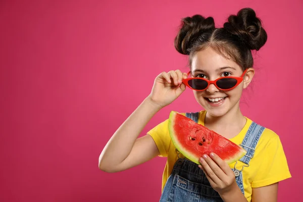 Cute Little Girl Watermelon Pink Background Space Text — Stock Photo, Image