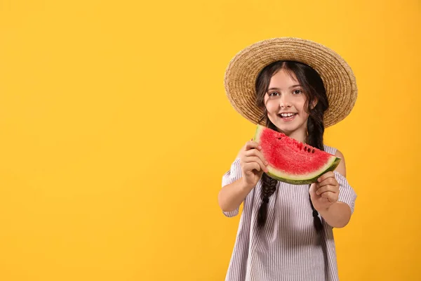 Cute Little Girl Watermelon Yellow Background Space Text — Stock Photo, Image