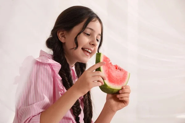 Cute Little Girl Watermelon Light Background — Stock Photo, Image