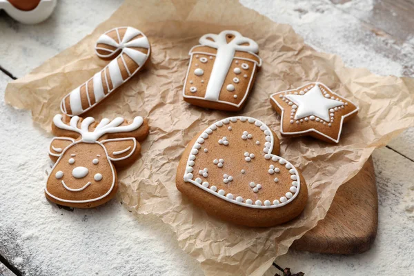 Delicious Homemade Christmas Cookies Flour Wooden Table Closeup — Stock Photo, Image