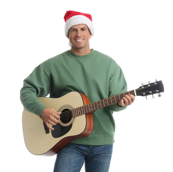 Chapeau Homme Père Noël Jouant Guitare Acoustique Sur Fond Blanc — Photo