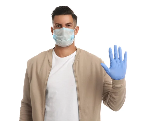 Hombre Con Mascarilla Protectora Guantes Médicos Mostrando Gesto Stop Sobre — Foto de Stock