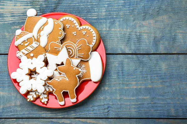 Köstliche Weihnachtsplätzchen Auf Blauem Holztisch Draufsicht Raum Für Text — Stockfoto