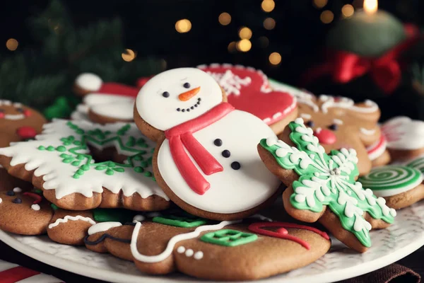 Lahodný Perník Vánoční Cukroví Talíři Detailní Záběr — Stock fotografie
