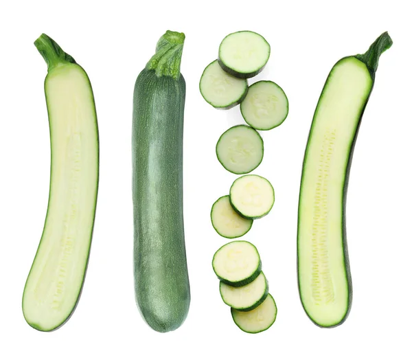 Set Van Verse Rijpe Courgettes Witte Achtergrond Bovenaanzicht — Stockfoto