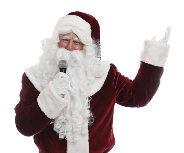 Père Noël Chantant Avec Microphone Sur Fond Blanc Musique Noël — Photo