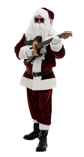 Święty Mikołaj Gra Gitarze Elektrycznej Białym Tle Muzyka Świąteczna — Zdjęcie stockowe