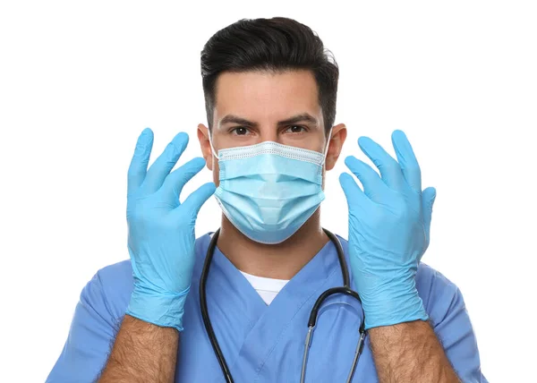 Dokter Beschermend Masker Medische Handschoenen Tegen Witte Achtergrond — Stockfoto