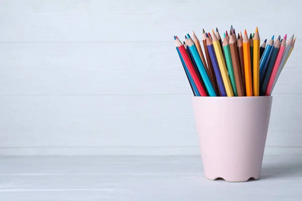 Colorful Pencils Cup White Wooden Table Space Text — Stock Photo, Image