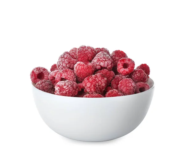 Tasty Frozen Raspberries Bowl Isolated White — Stock Photo, Image
