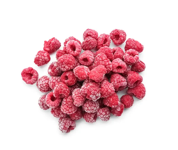 Heap Tasty Frozen Raspberries White Background Top View — Stock Photo, Image