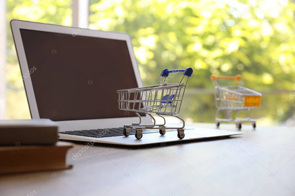 Internet shopping. Small carts and modern laptop on table indoors