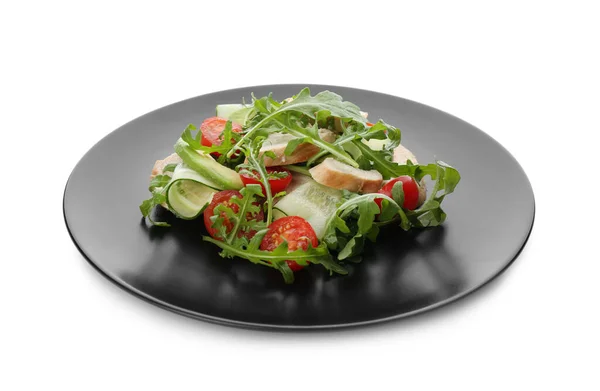 Deliziosa Insalata Con Pollo Verdure Rucola Isolata Bianco — Foto Stock