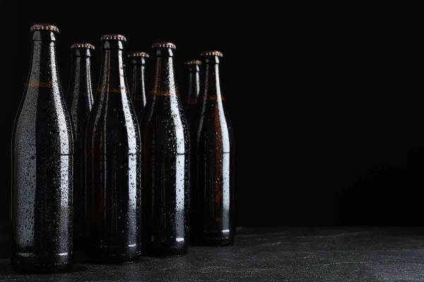 Bottles Beer Table Black Background Space Text — Stock Photo, Image