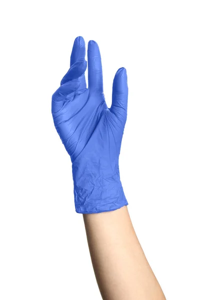 Woman Blue Latex Gloves Holding Something White Background Closeup Hand — Stock Photo, Image