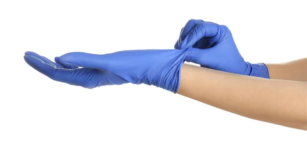 Woman Putting Blue Latex Gloves White Background Closeup Hands — Stock Photo, Image