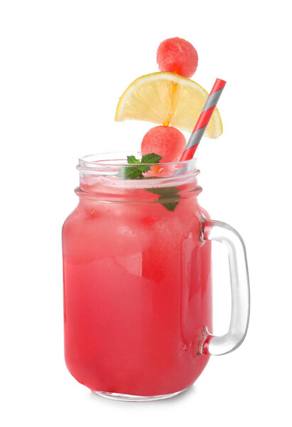 Delicious fresh watermelon drink on white background